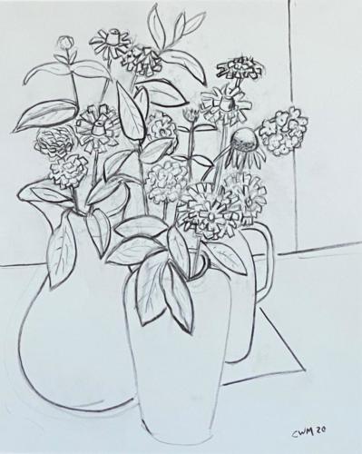 Drawing Three Vases with Zinias