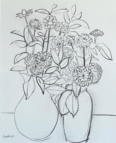 Drawing Two Vases with Zinias